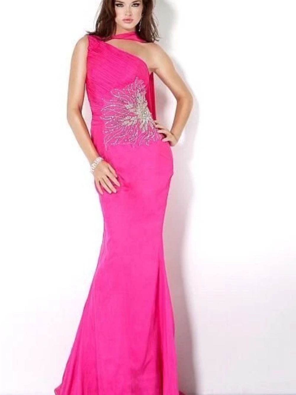 Jovani Fuchsia One-Shoulder Evening Gown with Silver Embellishment